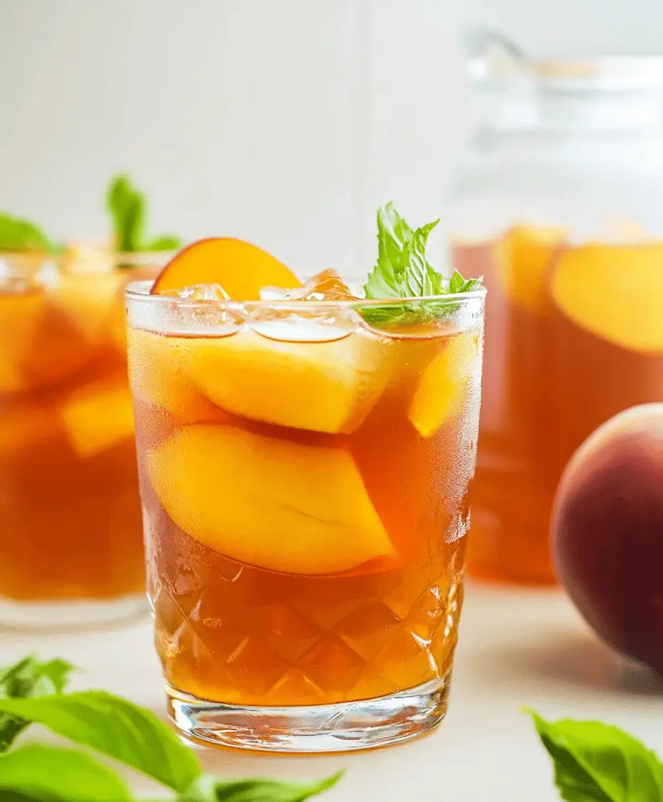 Close-up of peaches being infused in a pitcher of tea.