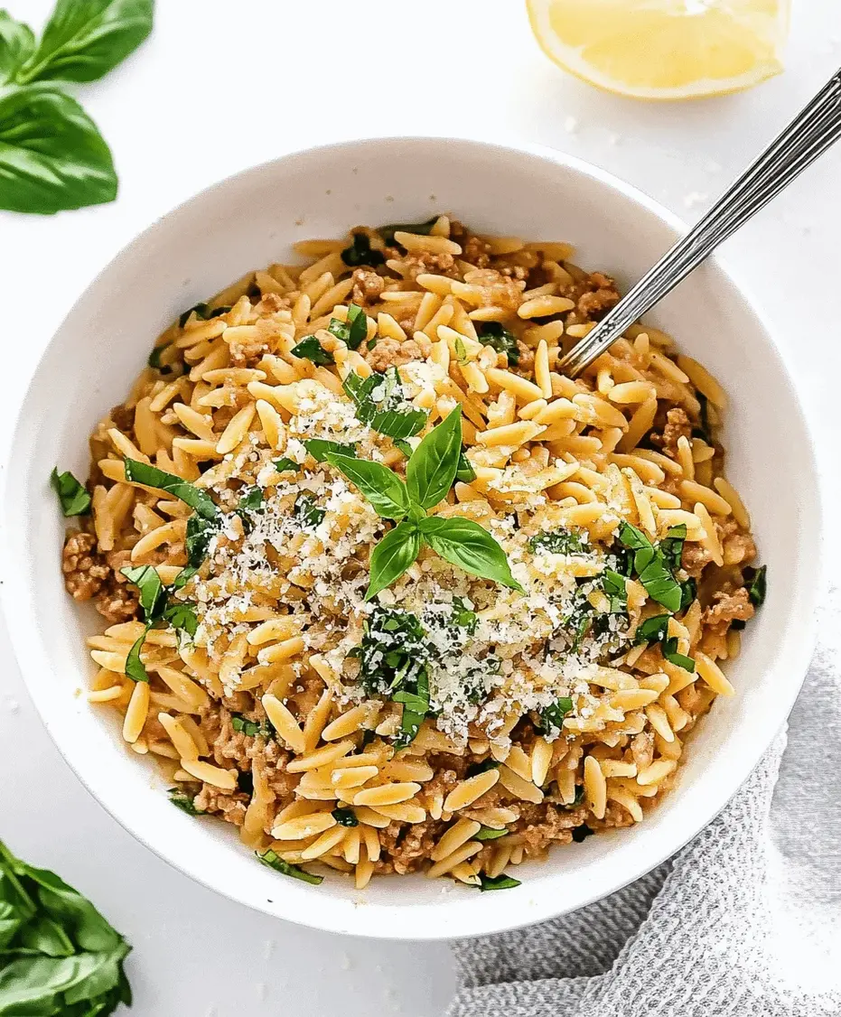 Close-up shot of cooked ground turkey orzo pasta with mixed vegetables, ready to be served.
