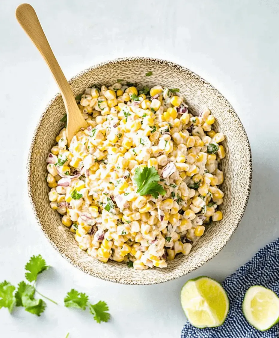 A serving spoon scooping a portion of Mexican Street Corn Salad from a bowl.