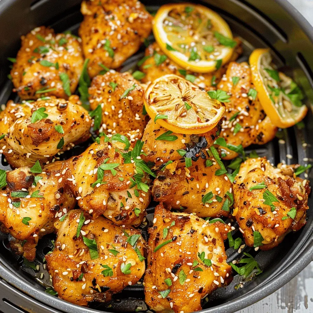 Plated Air Fryer Lemon Chicken with lemon slices and fresh herbs, served alongside roasted vegetables