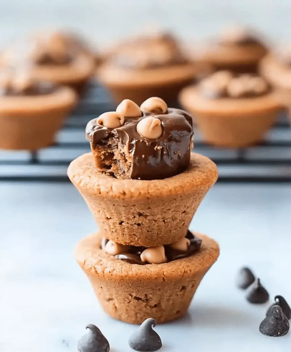 A serving platter with a stack of Peanut Butter Chocolate Chip Cookie Cups, one broken open to show the soft interior and melted chocolate chips.