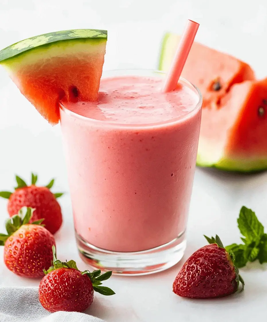 A glass of watermelon smoothie next to a bowl of fresh watermelon cubes and mint leaves