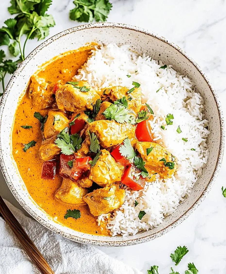 Close up of creamy Coconut Curry Chicken served with rice
