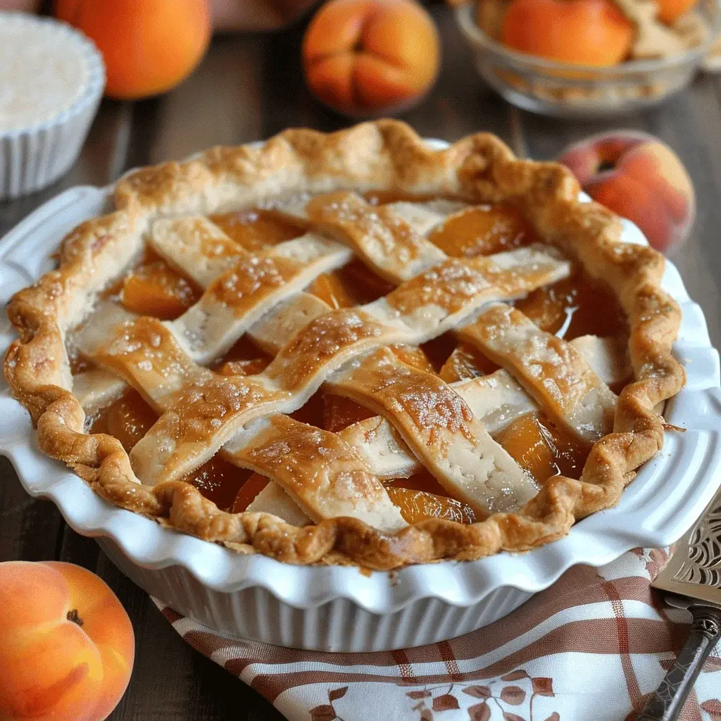 A beautifully baked golden apricot pie with a lattice crust, sitting on a cooling rack