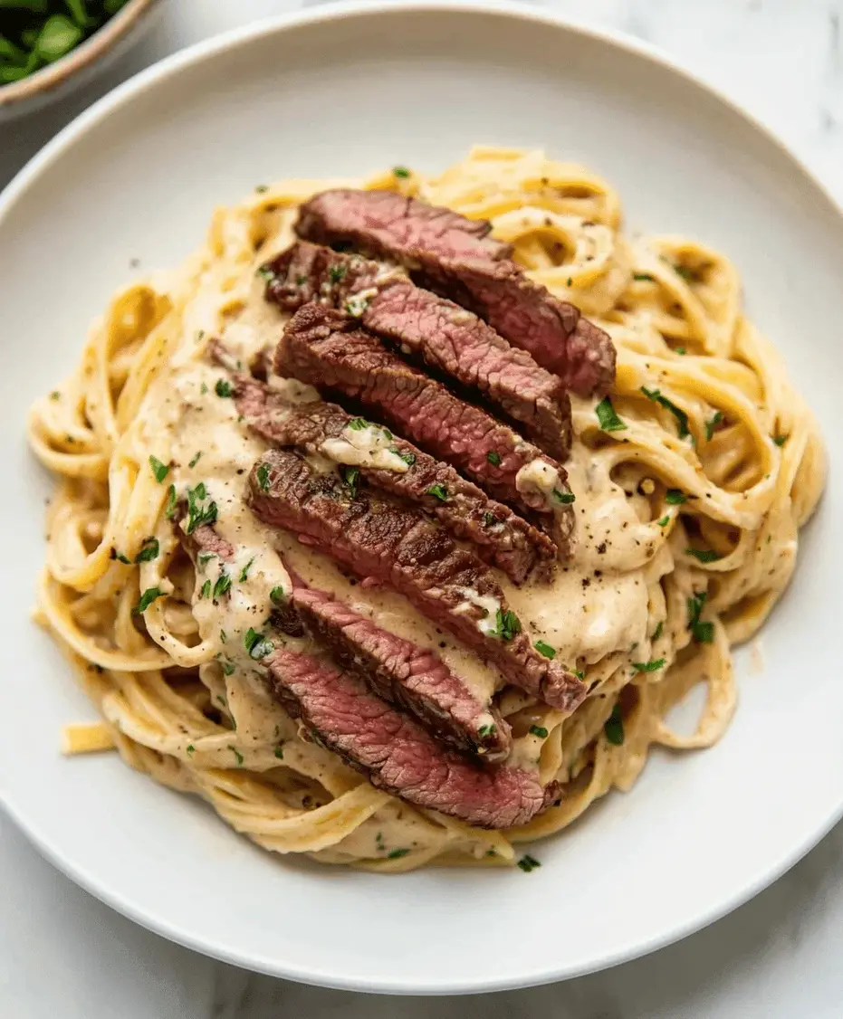 Close-up of a fork twirling creamy steak pasta with visible herbs and Parmesan cheese