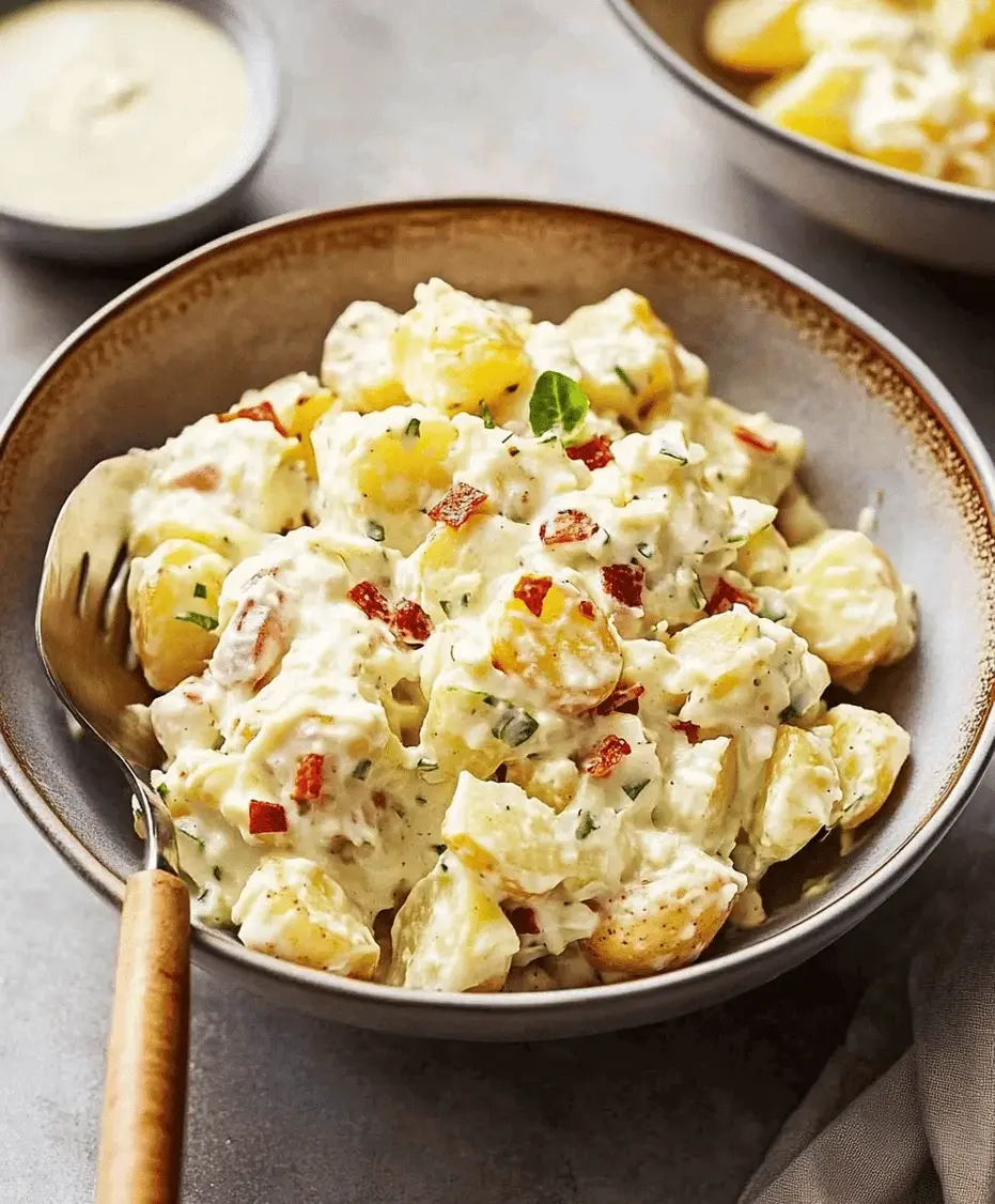Close-up of a spoon scooping creamy potato salad, showing the texture of potatoes, eggs, and herbs.
