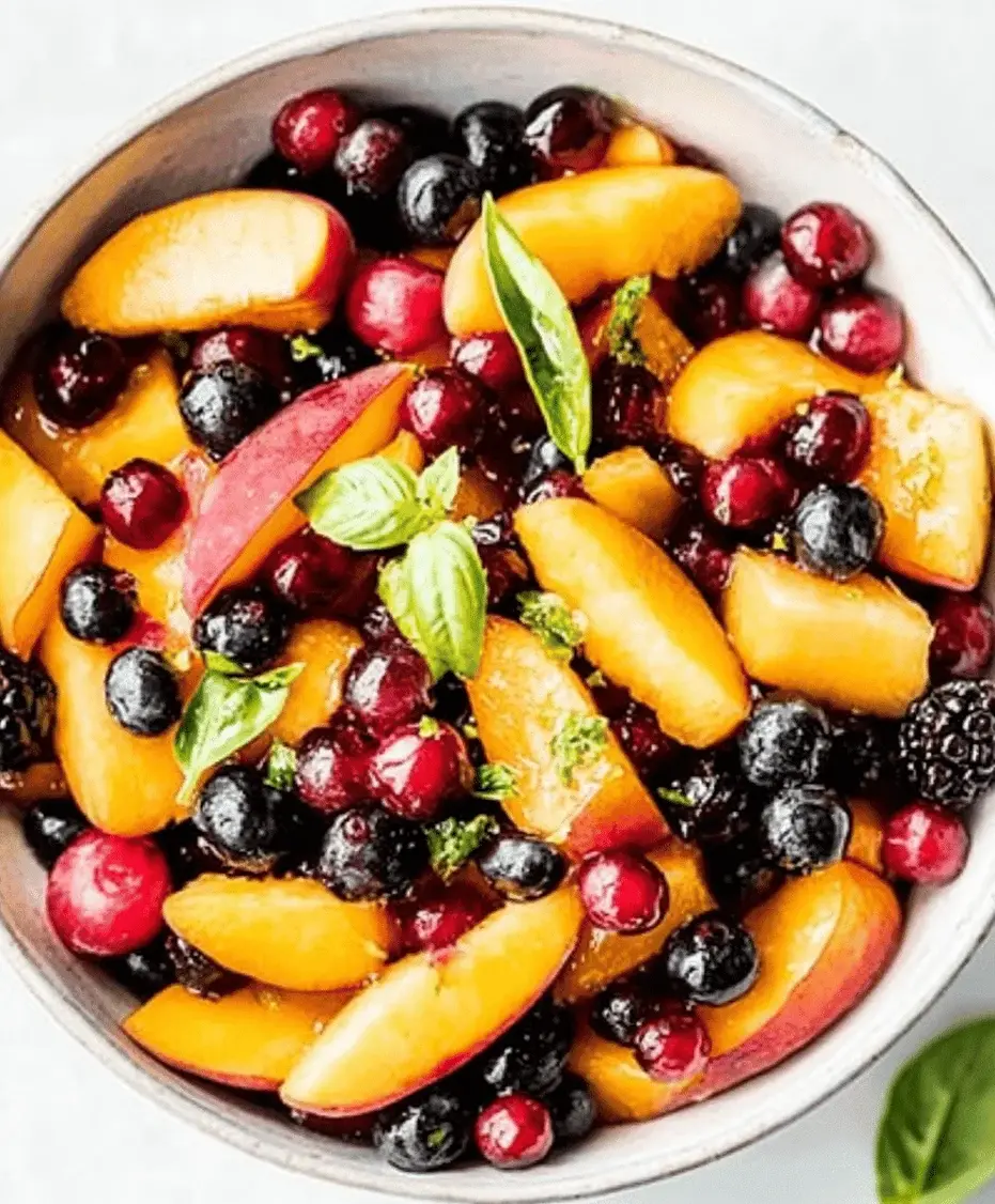 Close-up of honey lime basil peach fruit salad in a serving bowl, garnished with basil.
