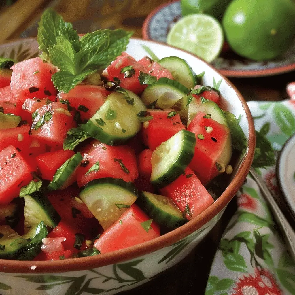 Close-up of watermelon and cucumber salad in a bowl, showcasing the fresh mint and glossy vinaigrette
