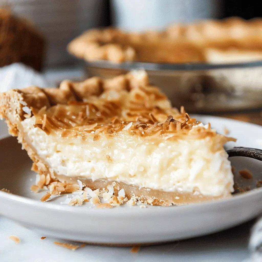 Whole Coconut Custard Pie with golden brown top on a table
