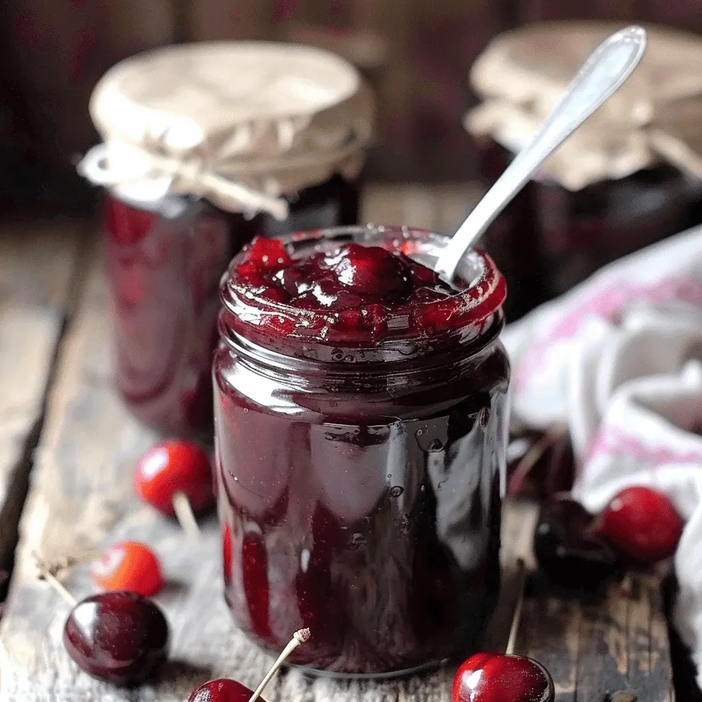 A beautifully styled shot of cherry jam in a jar with a label, on a wooden table with fresh cherries, bread, and cheese.