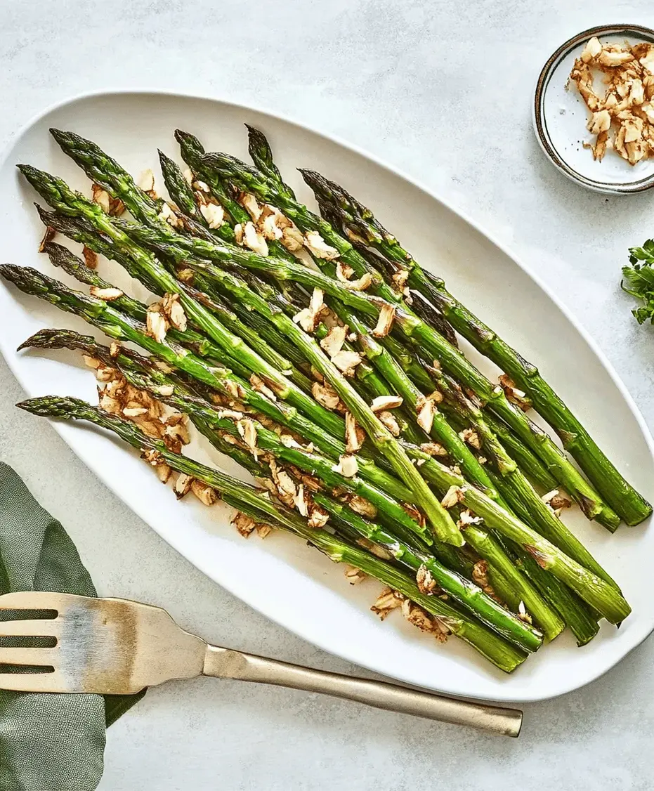 A plate of perfectly roasted asparagus with lemon slices on the side
