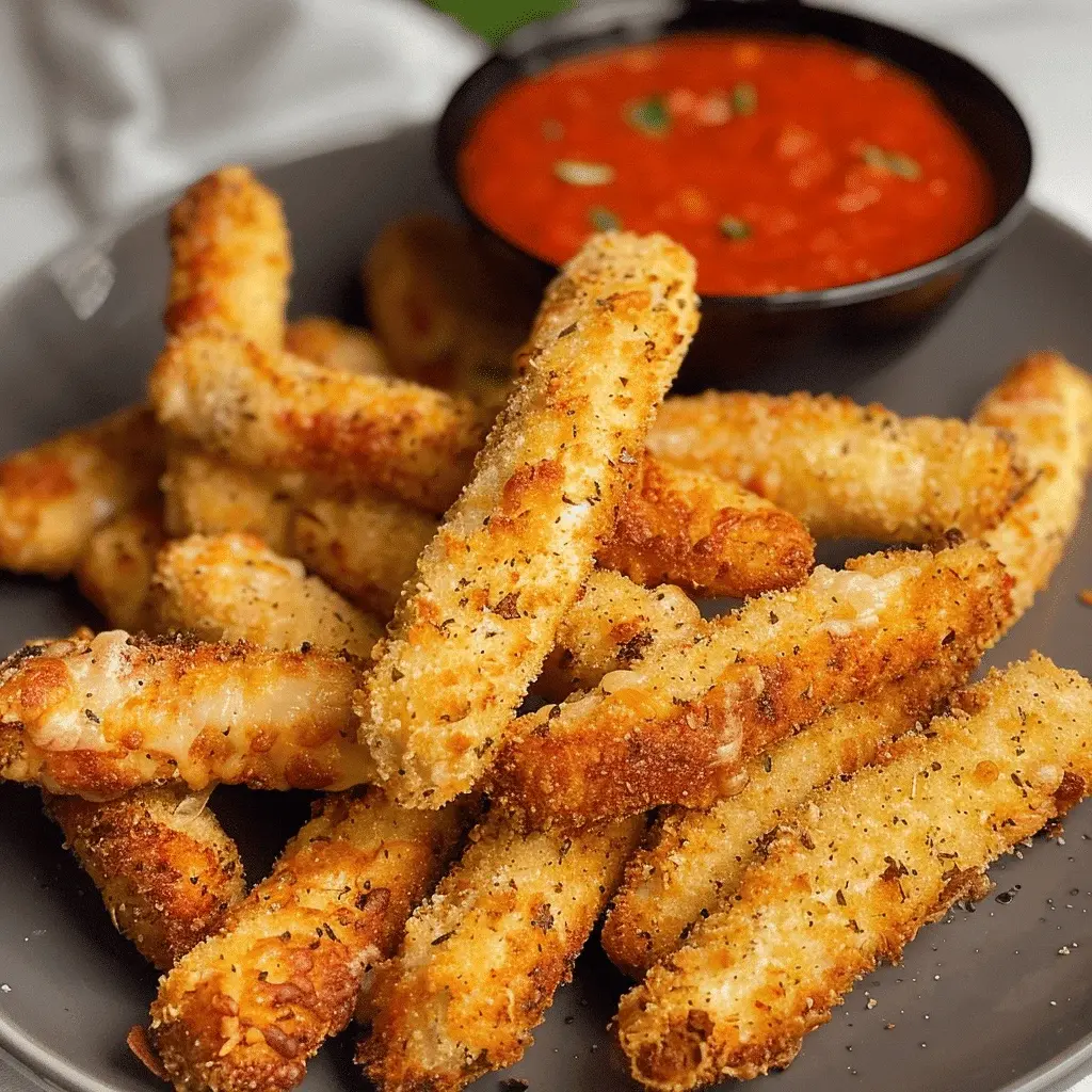Close-up view of a crispy Air Fryer Mozzarella Stick being pulled apart to reveal the hot, stretchy melted cheese inside