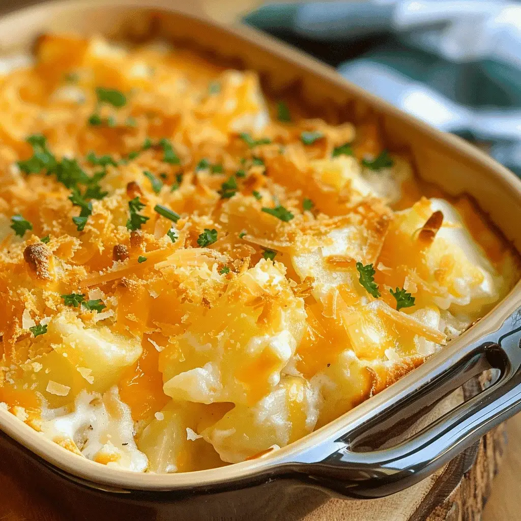 A serving of Easy Cheesy Potatoes on a plate next to roasted chicken and green beans, ready to eat.