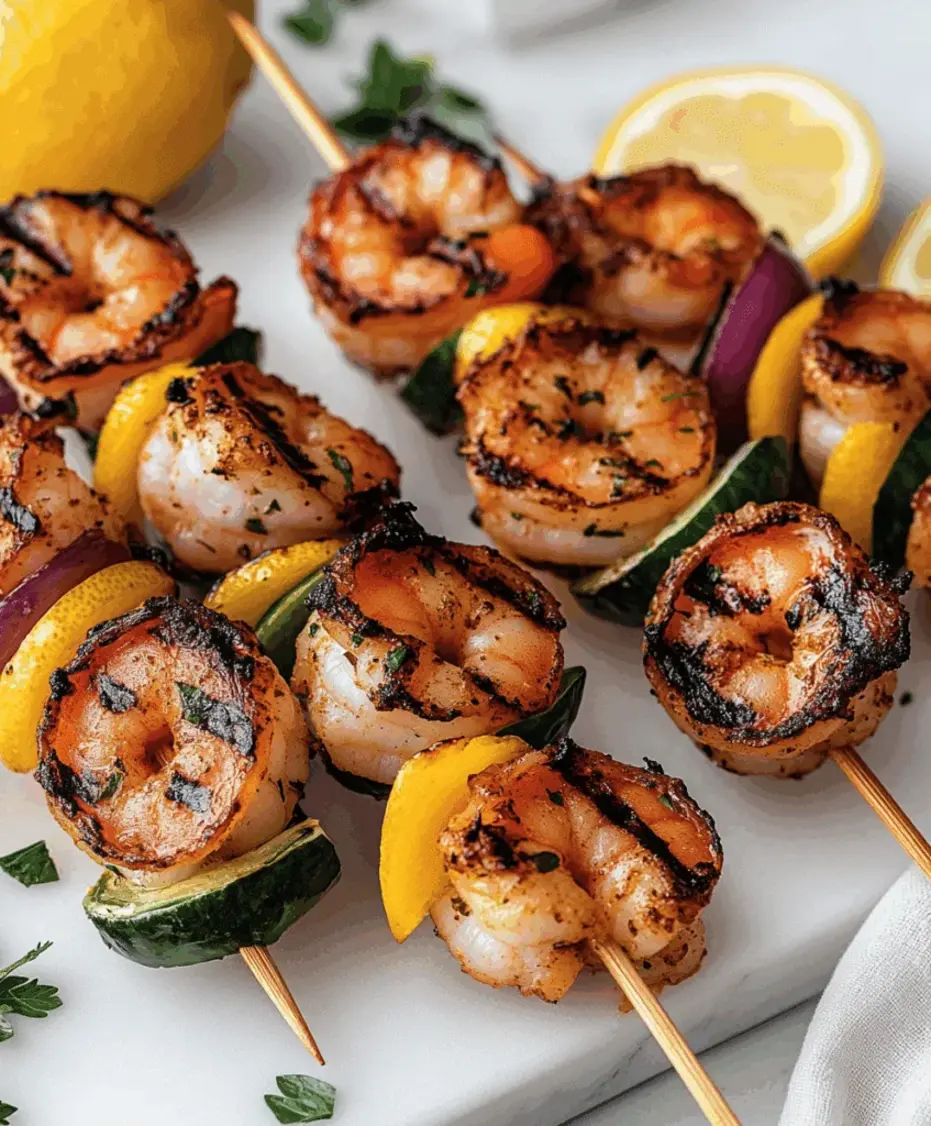 A platter of grilled lemon herb shrimp skewers served with a colorful salad and lemon slices, presented on an outdoor table