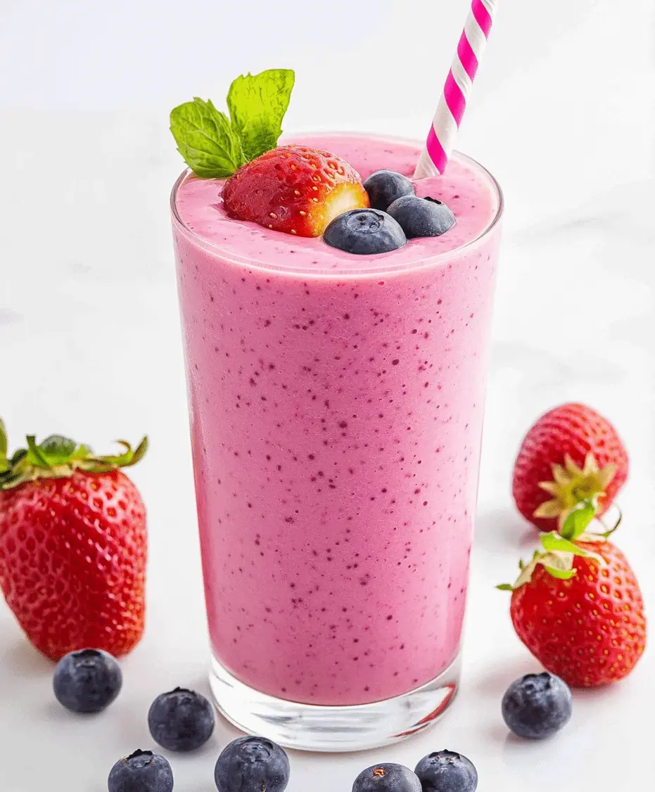 Close-up of a refreshing fruit and yogurt smoothie being poured from a blender into a glass, showing its creamy texture