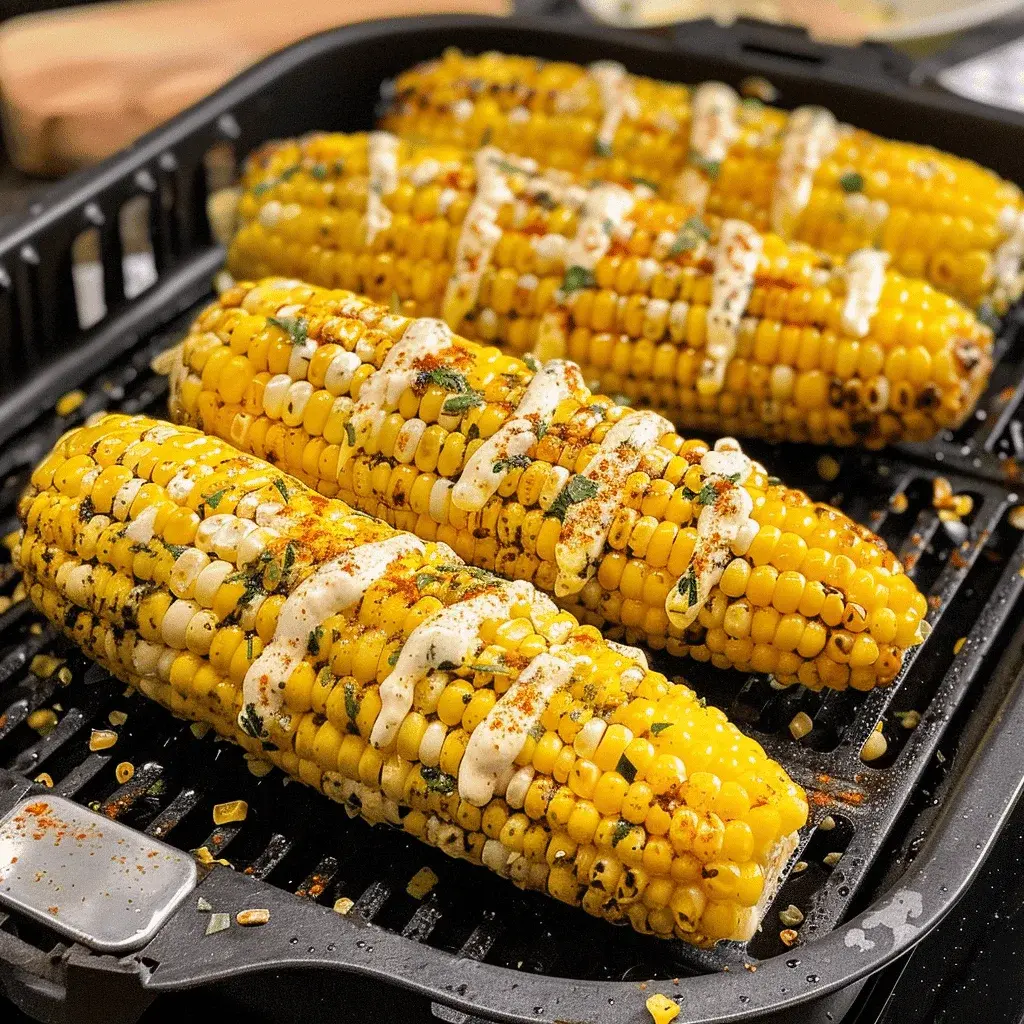 Golden brown, perfectly cooked air fryer corn on the cob served on a wooden platter