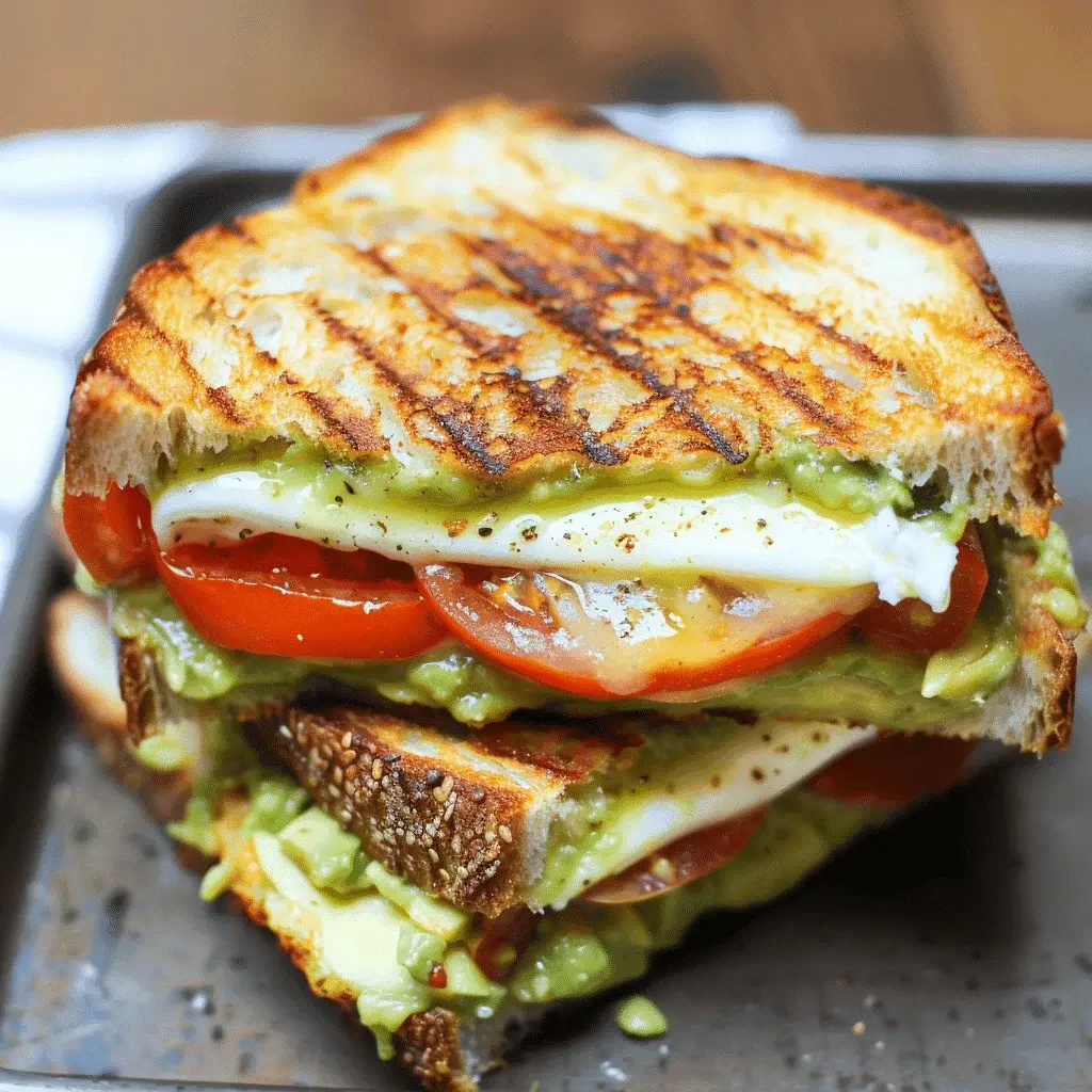A beautifully plated avocado, mozzarella, and tomato grilled cheese sandwich, sliced and served with a side salad