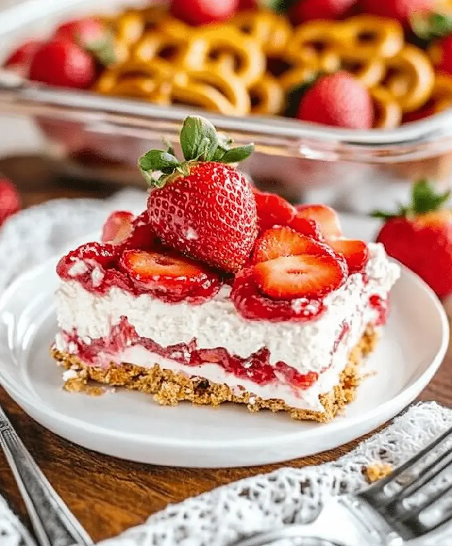 Close-up of Judy's Strawberry Pretzel Salad showing the layered pretzel crust, creamy filling, and strawberry gelatin topping with fresh berries