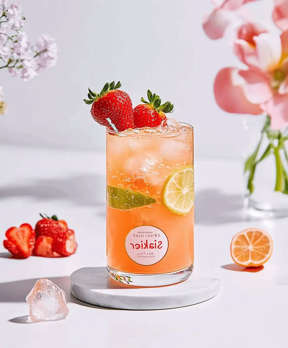 Close-up of a Springtime Strawberry Sipper glass, showing the vibrant color and refreshing garnish.