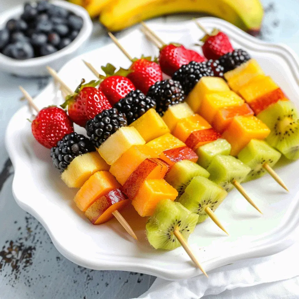A beautiful platter of Rainbow Fruit Kabobs arranged around a bowl of dipping sauce, perfect for a party.