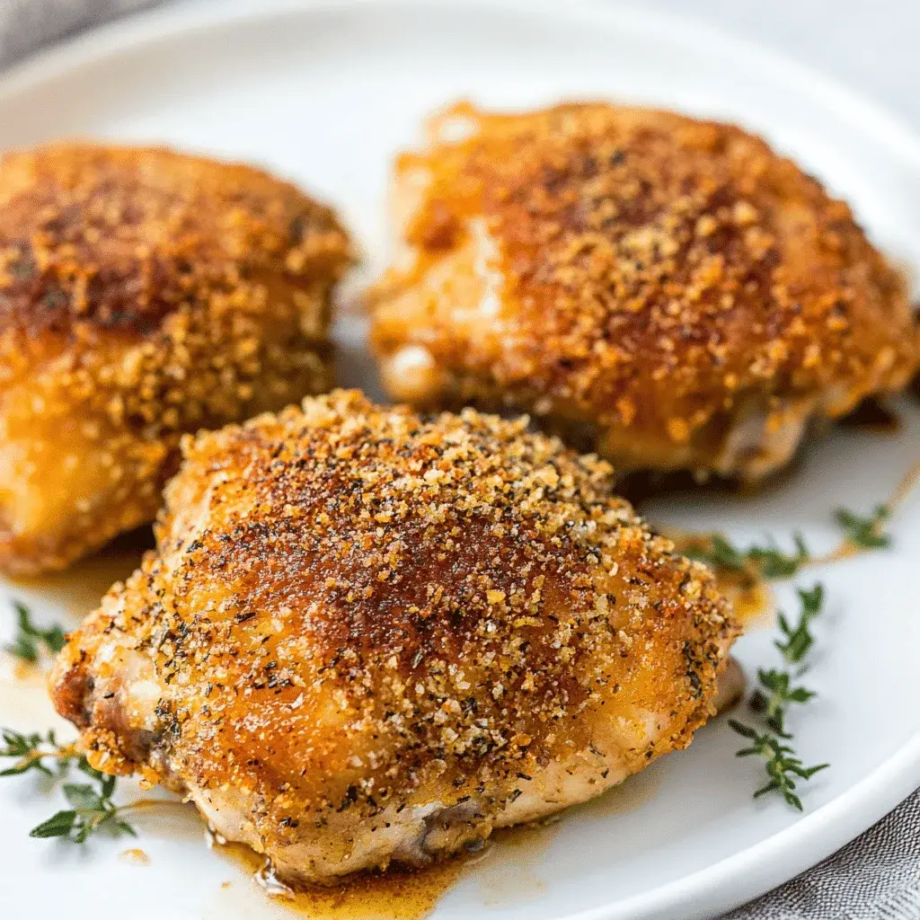 Close-up of a crispy baked chicken thigh on a white plate, showcasing the golden brown Parmesan crust