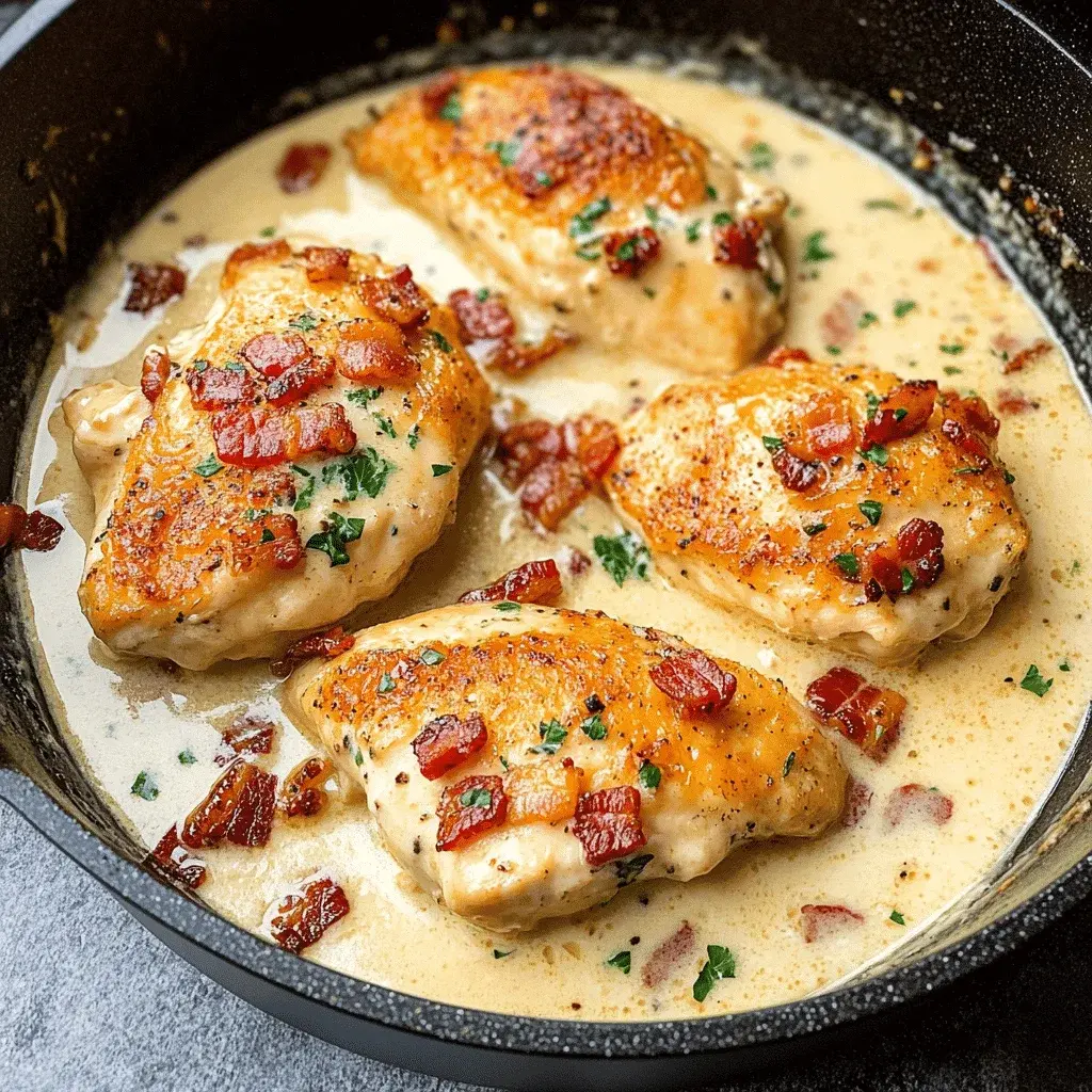 Close-up of a plate of One Pan Creamy Bacon Chicken served over pasta, garnished with parsley.