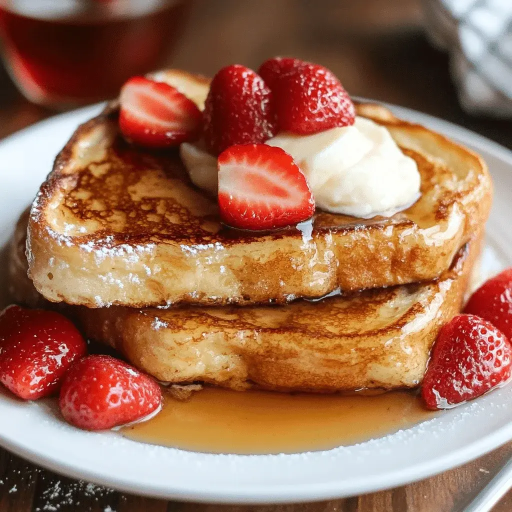 A beautifully plated stack of French toast topped with fresh berries, maple syrup, and mint