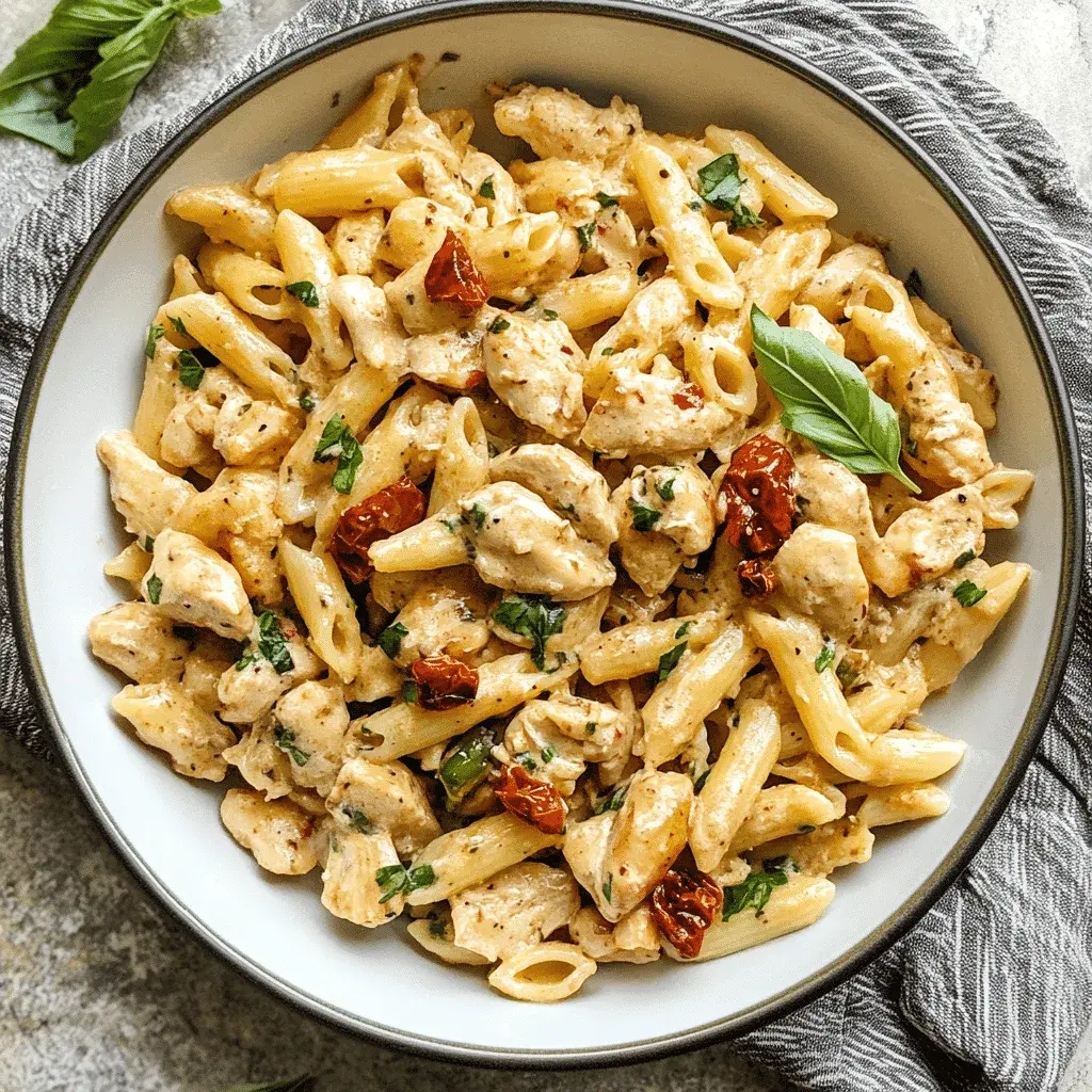 Close-up of a plate of Marry Me Chicken Pasta with fresh basil garnish