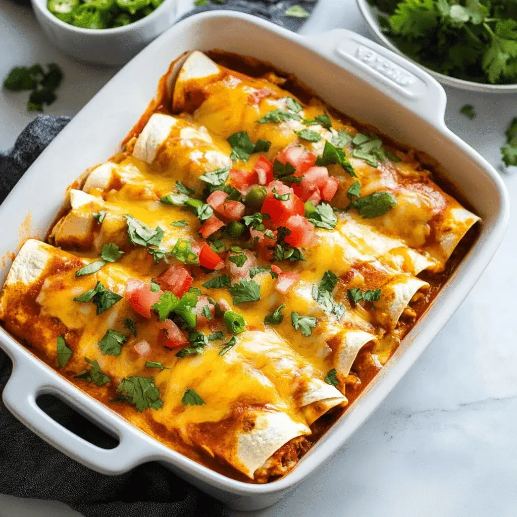 Close-up of freshly baked chicken enchiladas with melted cheese and garnishes