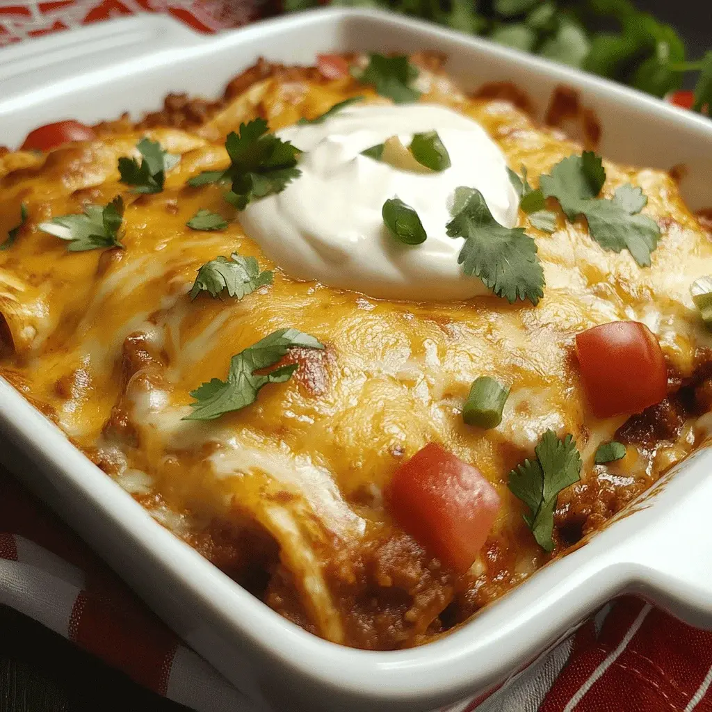 Close-up of a served portion of Beef Enchilada Bake with garnishes of cilantro and avocado