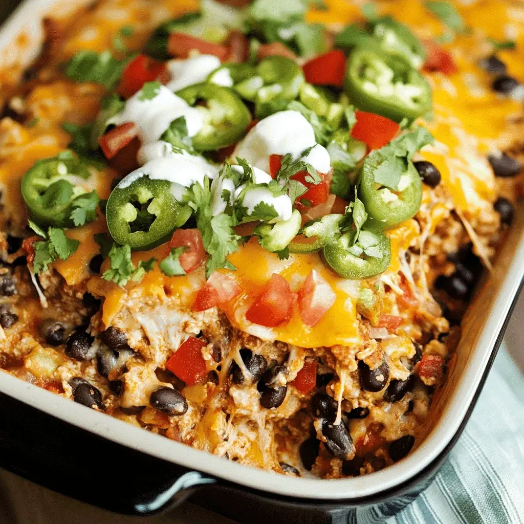 Close-up of a served portion of Easy Taco Casserole with fresh cilantro and tomato toppings