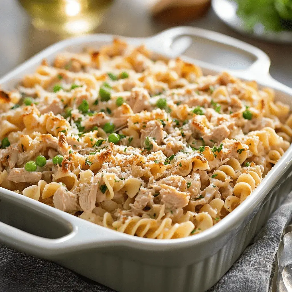 Close-up of a creamy gluten-free tuna noodle casserole with peas and cheese