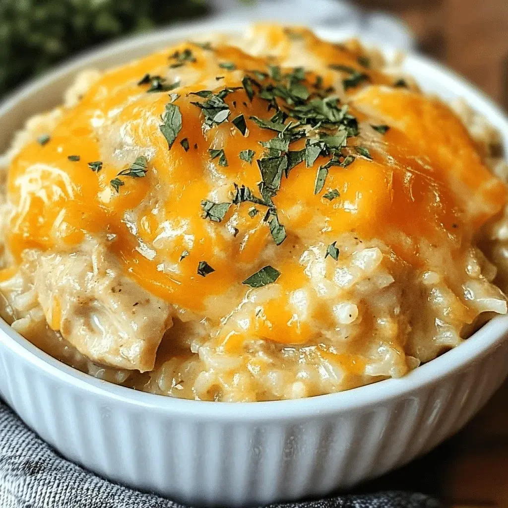 Close-up of a bowl of creamy Crockpot Cheesy Chicken and Rice, garnished with parsley